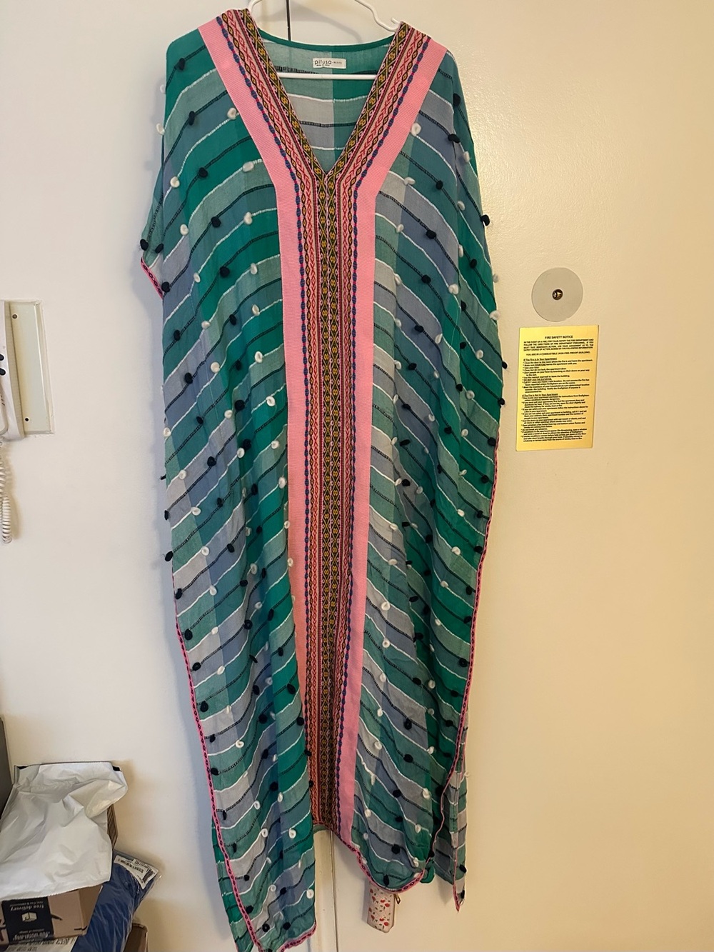 Pitusa Striped Pom-Pom Kaftan in Teal & Pink. Resort wear chic